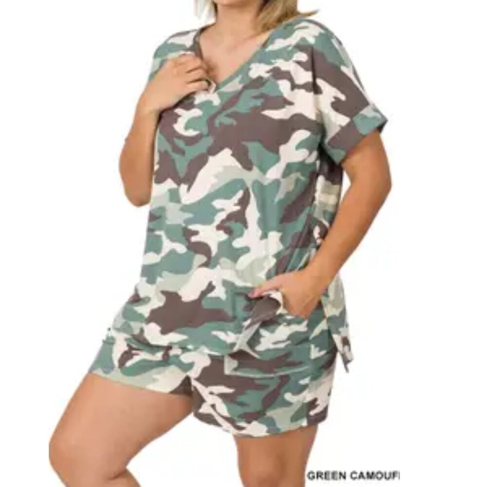 LAST ONE Green Camouflage Plus Size Short Set